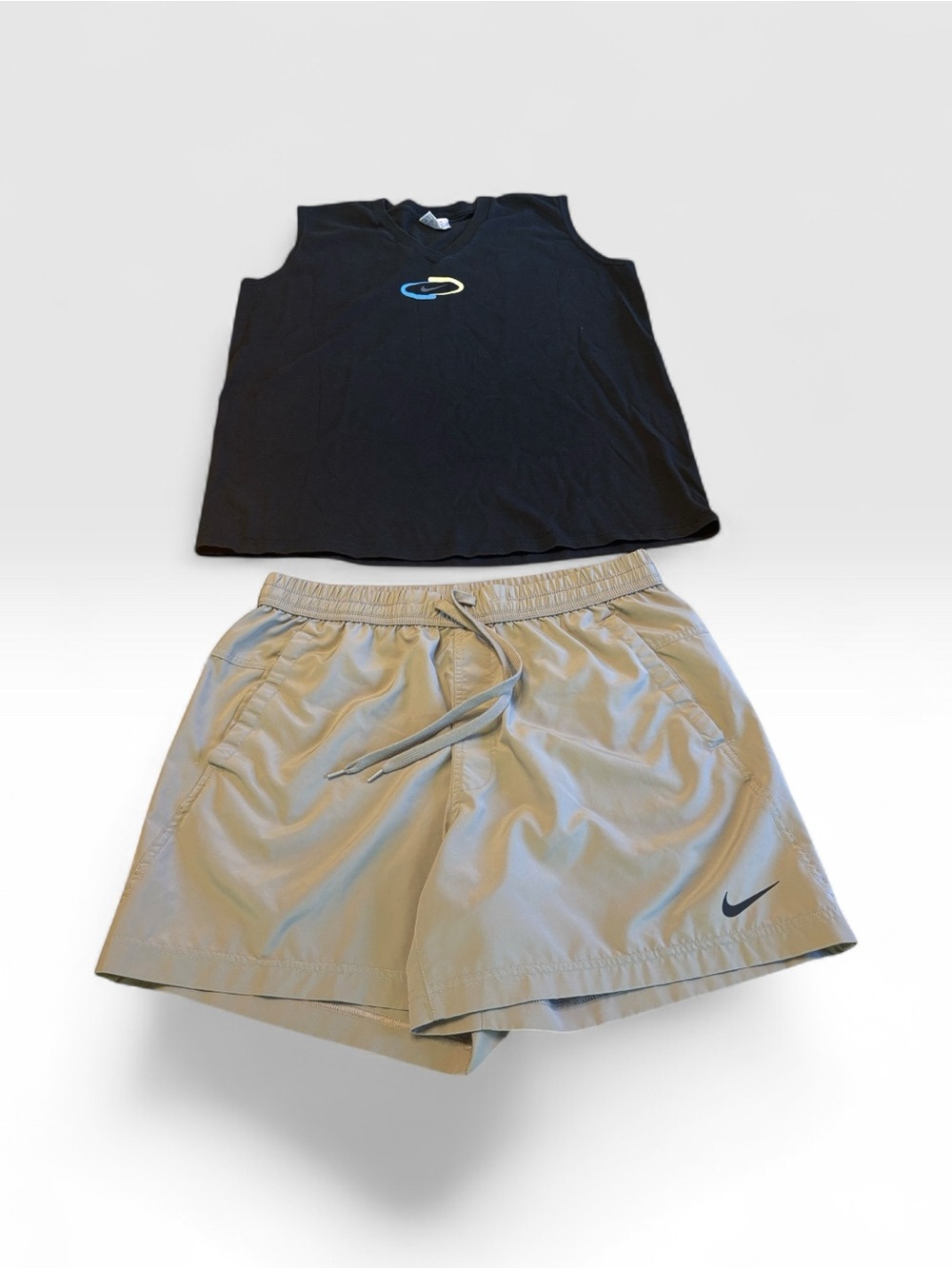 Nike Men's Medium Set Light Tan Athletic Shorts & Black Swoosh Black Muscle Top